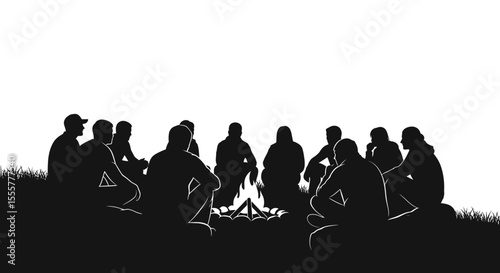 Group of People Sitting Around a Campfire at Night