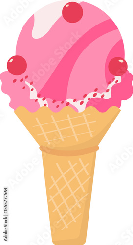 Cherry topping strawberry ice cream cone illustration