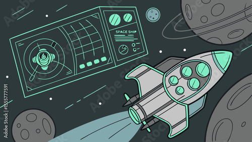 Space exploration rocket with futuristic digita futuristic vector design