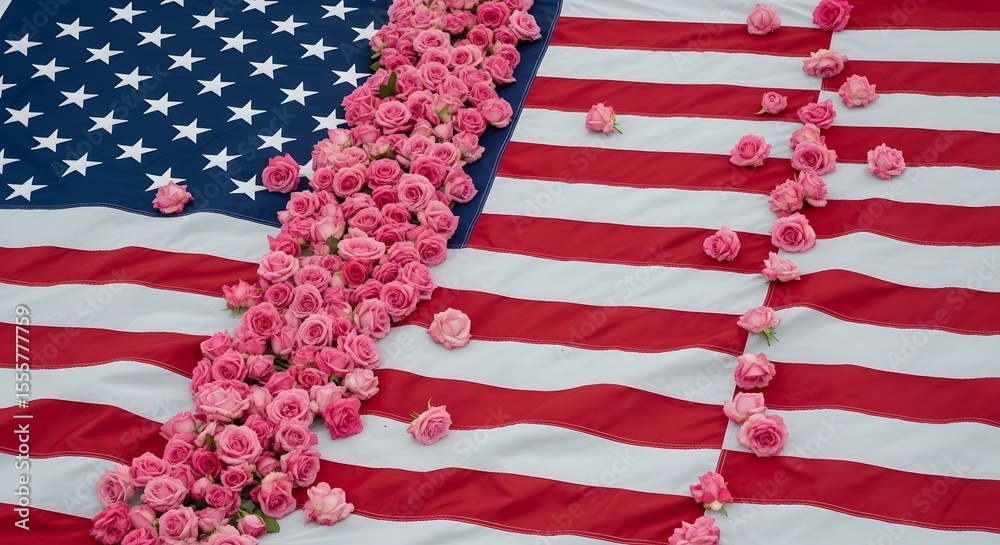 Fototapeta premium American Flag Adorned with Pink Roses: Patriotic Floral Arrangement.