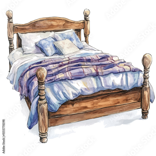 watercolor of Bed, vector, isolated on a white background.