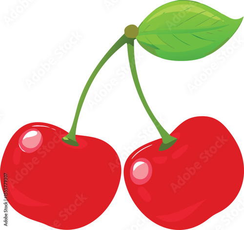 Two cartoon cherries with a green leaf isolated on a white background sweet fruit