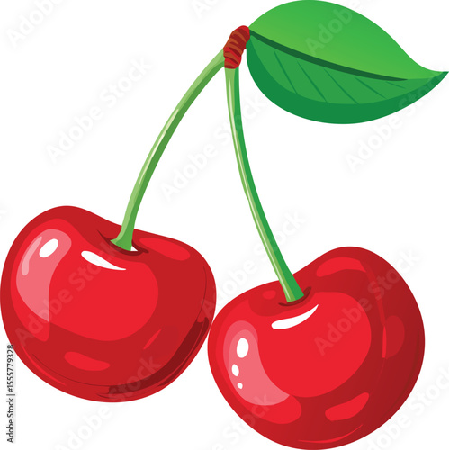 Two bright red cherries with a green leaf on a white background