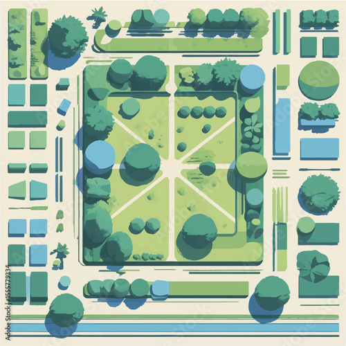 Architectural drawings in minimal style, including top-view elements of people in outdoor park scenes for landscape and site planning.