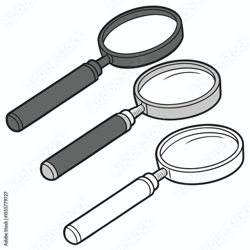 Three Magnifying Glasses in Varying Shades of Gray on a White Background