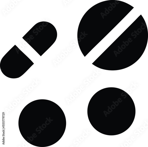 Simple Black and White Pill and Capsule Icon Set Illustration