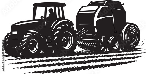 Photos Tractor with Round Baler Silhouette – Black and White Vector Depicting Real-Time