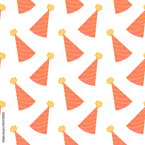 Seamless pattern birthday for packaging and wrapping paper. Orange party hat with yellow stripes and pompom on white background. Vector illustration. Holiday print for gift bag. Ornament for wallpaper