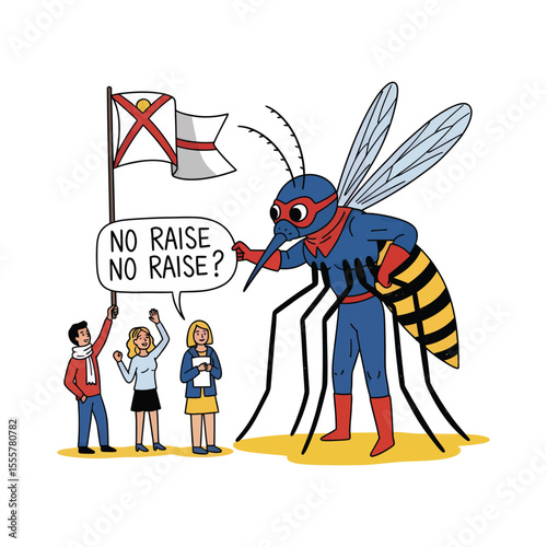 Cartoon Superhero Mosquito with Protestors Holding Sign and Flag.