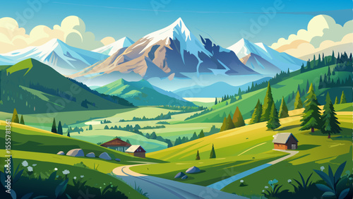 Peaceful early morning landscape near Piesendorf, Austria, featuring lush green meadows and a clear view of the majestic snow-covered Kitzsteinhorn mountain in the background under a soft blue sky