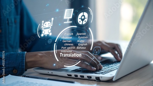 Person using laptop for online language translation services with digital interface