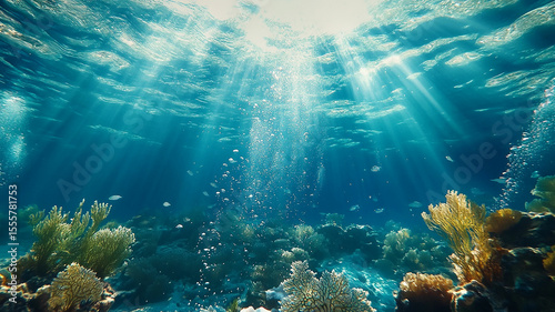 Fototapeta Naklejka Na Ścianę i Meble -  Sunlight filtering through clear blue ocean water.
Beautiful shallow coral garden with bubbles rising.

Colorful fish swimming over a healthy reef.