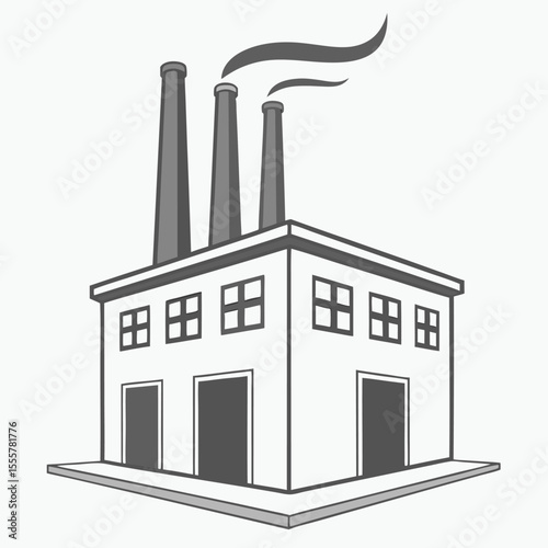 Monochrome Factory Illustration with Smoke Stacks and Windows on White Background