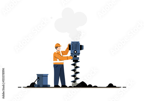 A construction worker adjusts an auger drill in a dusty outdoor setting.  Clear, modern illustration style. Focus on the tool and worker.