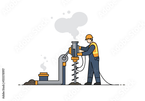 A construction worker adjusts a drill, creating steam, in an outdoor setting. Clean, modern illustration style. Focus on the action and equipment.