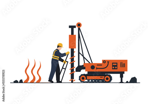 A construction worker adjusts the heat on a drilling rig. Industrial setting, dynamic composition, orange and grey tones