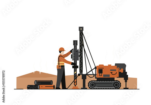 A construction worker adjusts the heat on a drilling rig, releasing steam. Industrial setting, flat design illustration. Focus on detail and functionality.