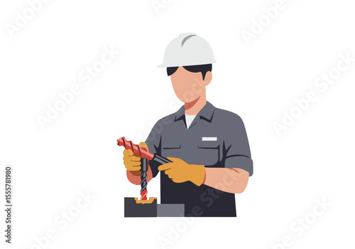 A construction worker drills with a power drill, wearing a hard hat and safety gloves. Focused action shot, professional quality.