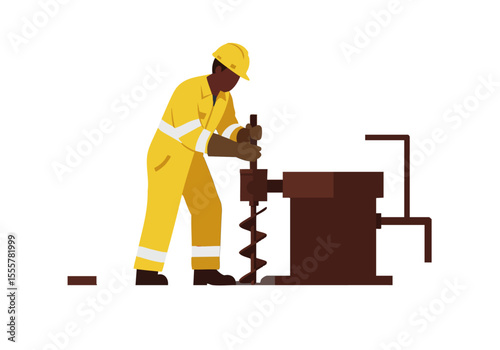 A construction worker inspects a drill, focused on precision. Bright yellow safety gear highlights the industrial setting. Clean, modern illustration.