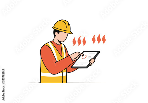 A construction worker uses a tablet to monitor heat levels, showcasing digital technology in a construction setting. Modern illustration style.