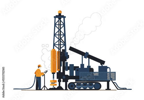 illustration depicts a steam monitor atop a drilling rig with a worker observing The scene showcases industrial operations and modern technology Clean lines and a muted color palette 