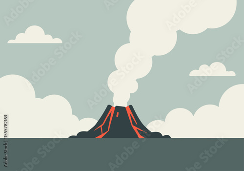 Dramatic volcano erupts amidst swirling clouds. A stylized, minimalist landscape evokes a sense of power and natural beauty. Perfect for backgrounds and illustrations.