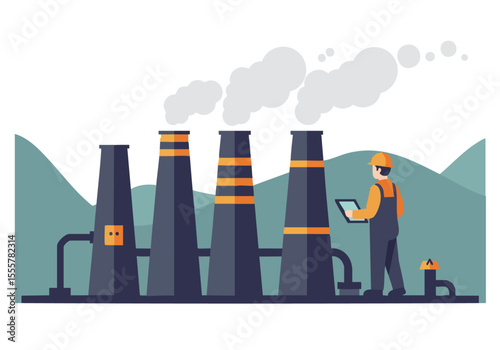 Industrial factory with steam rising, a worker monitors operations with a tablet. A modern, stylized illustration depicting manufacturing and technology. Clean, graphic style.