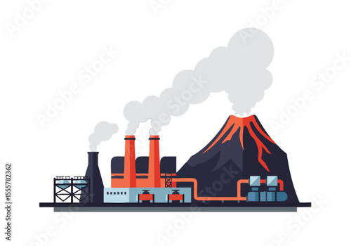 Industrial steam rises from volcano near a power plant A stylized modern illustration showcases the connection between geothermal energy and industry Clean lines and a muted color palette
