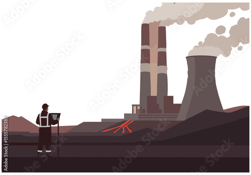 A lone worker monitors a large industrial complex with towering smokestacks and a cooling tower. A muted, atmospheric scene evokes environmental concerns.  Dramatic landscape.
