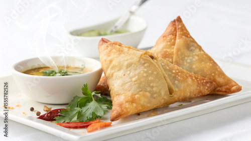 Photo of two golden brown samosas are served on a white plate with a side of green chutney and a bowl of steaming sauce