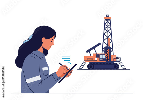 A female professional monitors data from a drilling rig using a tablet. Modern illustration style, clean design, focused on data analysis and industrial operations.