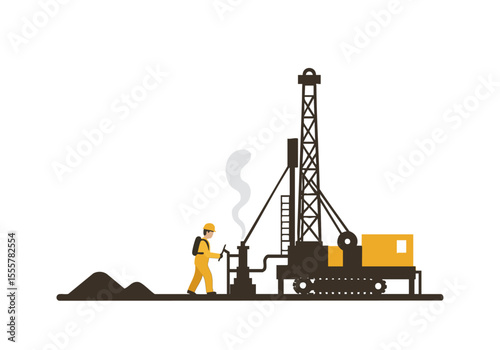 Oil rig worker operates equipment, releasing steam. Industrial setting, detailed illustration. Focus on heat and machinery.