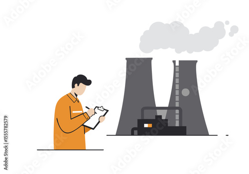 record monitor observes a nuclear power plant documenting emissions A professional figure in an orange uniform takes notes against a backdrop of towering cooling towers and plumes of steam 