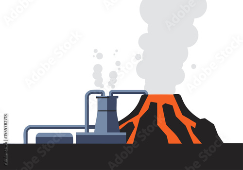 A stylized steam field rises from a volcanic landscape connected to a power plant.  Bold orange and grey tones create a dramatic, industrial scene.  Perfect for technology or energy concepts.
