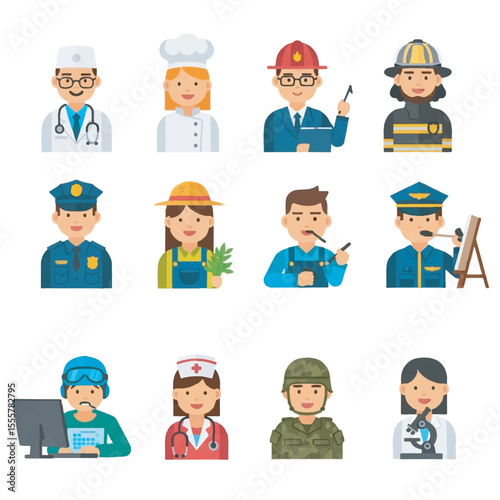Diverse Professions Icons of Doctors, Chefs, Firefighters, Police, Farmers, and More