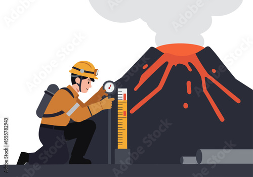A volcanologist monitors a volcano's level with a level monitor. The scene showcases a dramatic volcanic landscape and a focused professional.  Clear, detailed illustration.