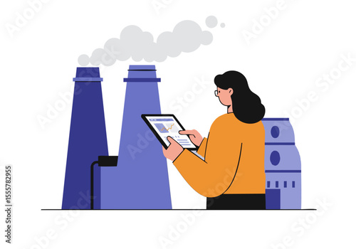A woman analyzes industrial emissions data on a tablet, observing a factory landscape. Modern illustration style, conveying environmental awareness.