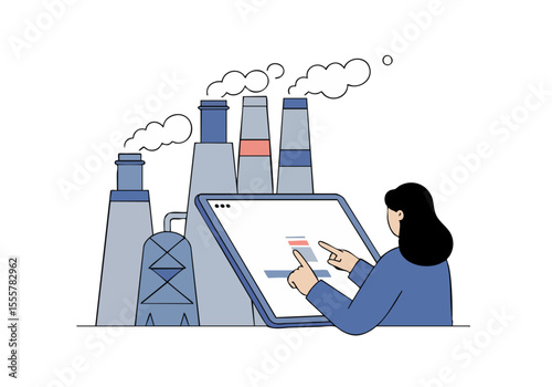 A woman checks industrial emissions on a tablet, juxtaposing modern technology with traditional factories. Clean lines, pastel background, digital display.