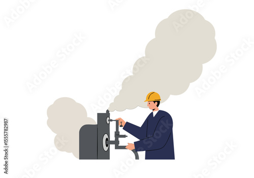 A worker adjusts steam from a large machine, wearing a hard hat and suit. Industrial setting with billowing steam.  Clean, modern illustration.