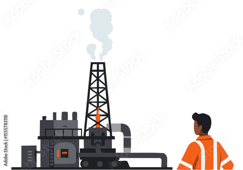A worker monitors a steam-emitting oil rig. A man in a safety vest observes the industrial equipment. Modern illustration style.