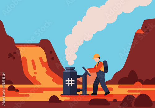 A worker monitors a steam generator near a volcanic landscape. The scene features a rugged, orange backdrop and a detailed illustration style.  Focus on the operational aspect.