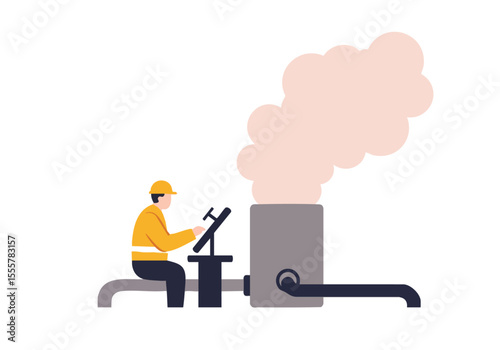 A worker monitors a steam-powered engine with a gauge. Industrial setting, detailed illustration, soft colors, focused on machinery. Suitable for technical or industrial themes.