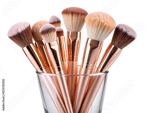 Angled View of Rose Gold Brushes in Stylish Transparent Acrylic Cup, Isolated PNG