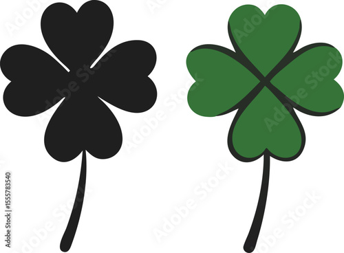 Two Four Leaf Clovers One Green One Black on White Background