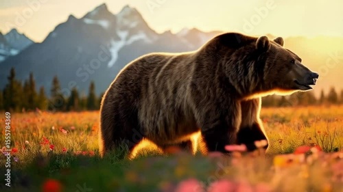 Brown bear walking through a field of flowers with mountains in the background at sunset light video