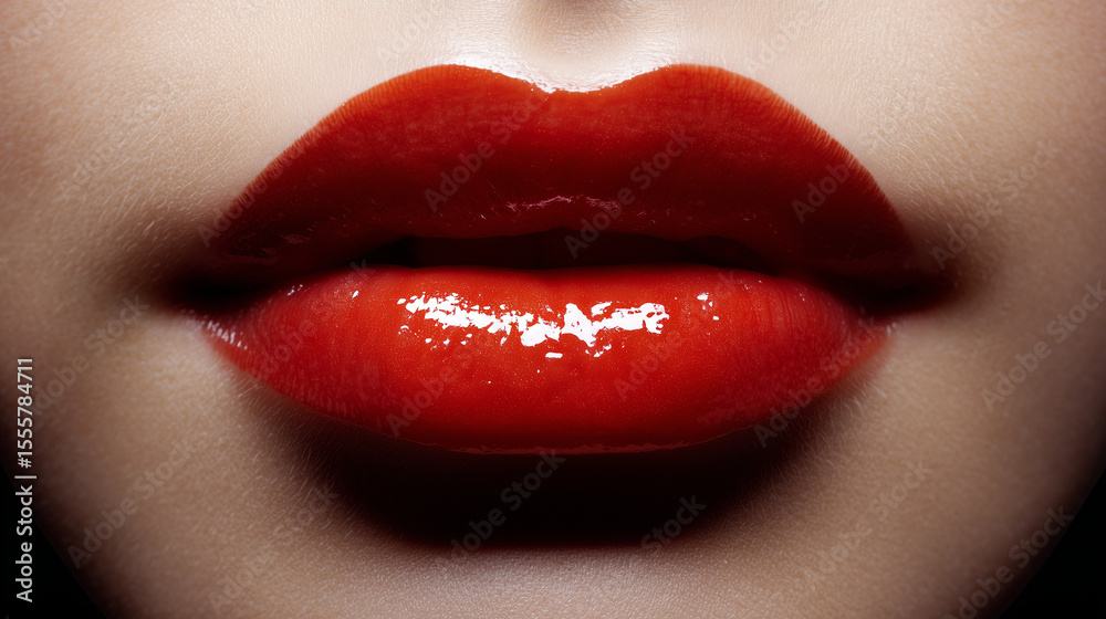 Fototapeta premium Glossy red lips with perfect texture, radiating elegance and allure