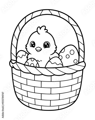 chick in basket with easter eggs outline vector for kids