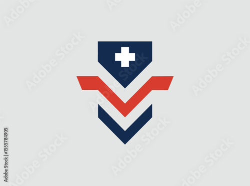 Abstract medical cross logo with shield and check mark in blue and red, symbol of health and protection.