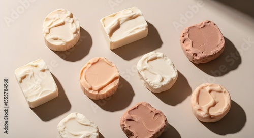 Neutral flatlay with handcrafted soap stones in light warm hues