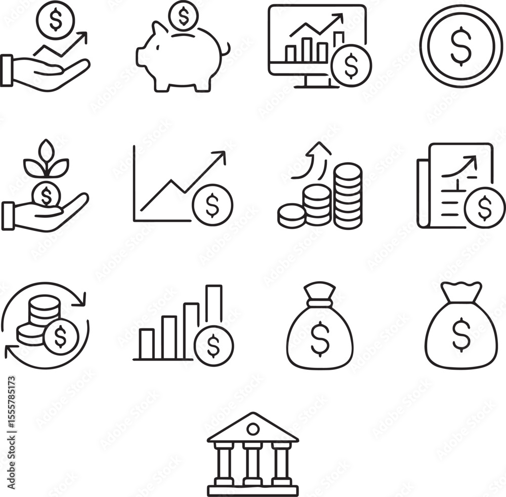 Fototapeta premium Financial profit line icon set. Containing Money income, money savings, earnings, money, cash, investment, financial growth and more. Editable stroke. Vector illustration